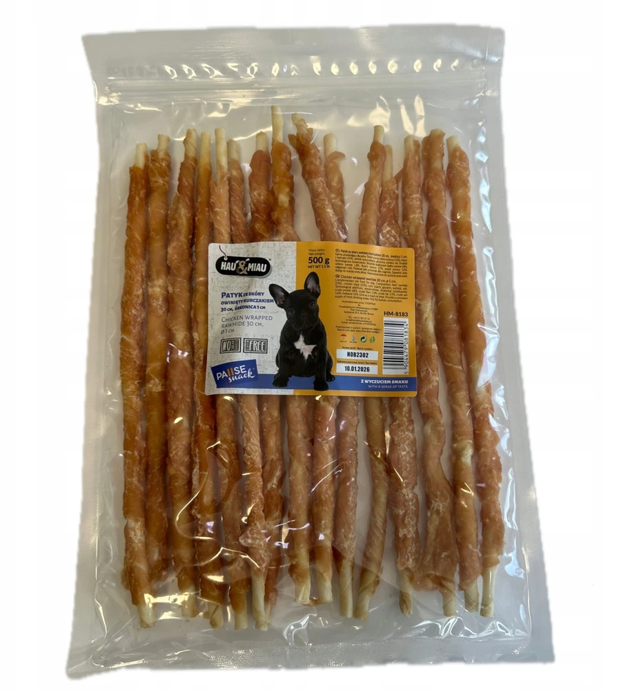 Hau&Miau „Woof & Miau Pausesnack“ šunų skanėstas, odinis pagaliukas, įvyniotas į vištieną, 30 cm, skersmuo 1 cm, 500g
