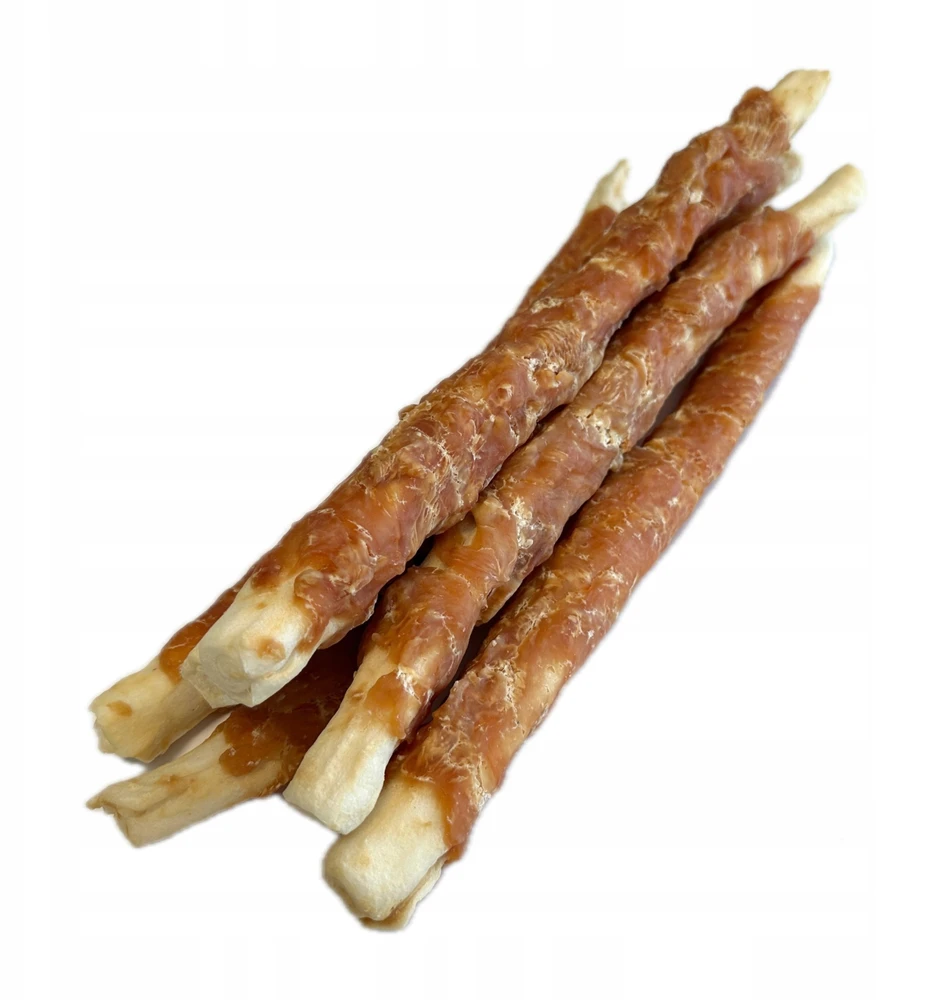 Hau&Miau „Woof & Miau Pausesnack“ šunų skanėstas, odinis pagaliukas, įvyniotas į vištieną, 30 cm, skersmuo 2,5 cm, 500g