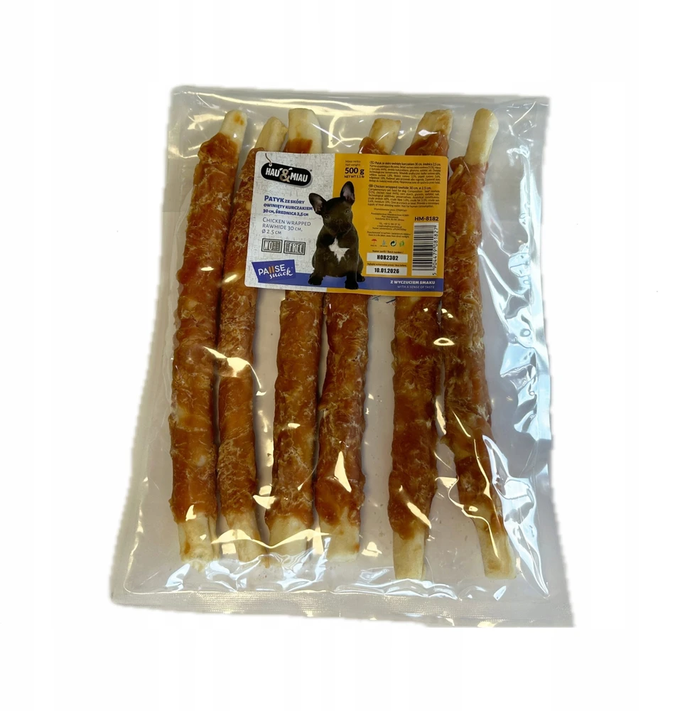 Hau&Miau „Woof & Miau Pausesnack“ šunų skanėstas, odinis pagaliukas, įvyniotas į vištieną, 30 cm, skersmuo 2,5 cm, 500g