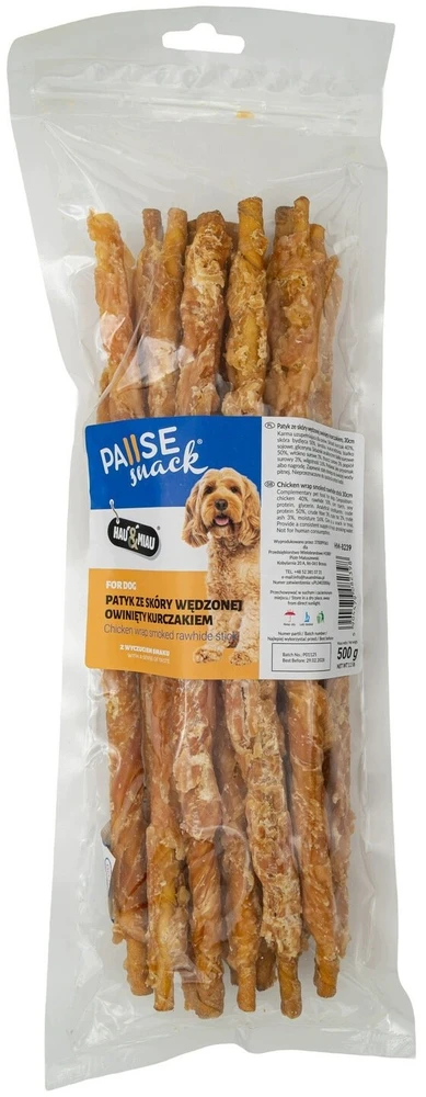 Hau&Miau Užkandis šunims, rūkytos odos lazda apvyniota vištiena, 30 cm, 500g (HM-8239)