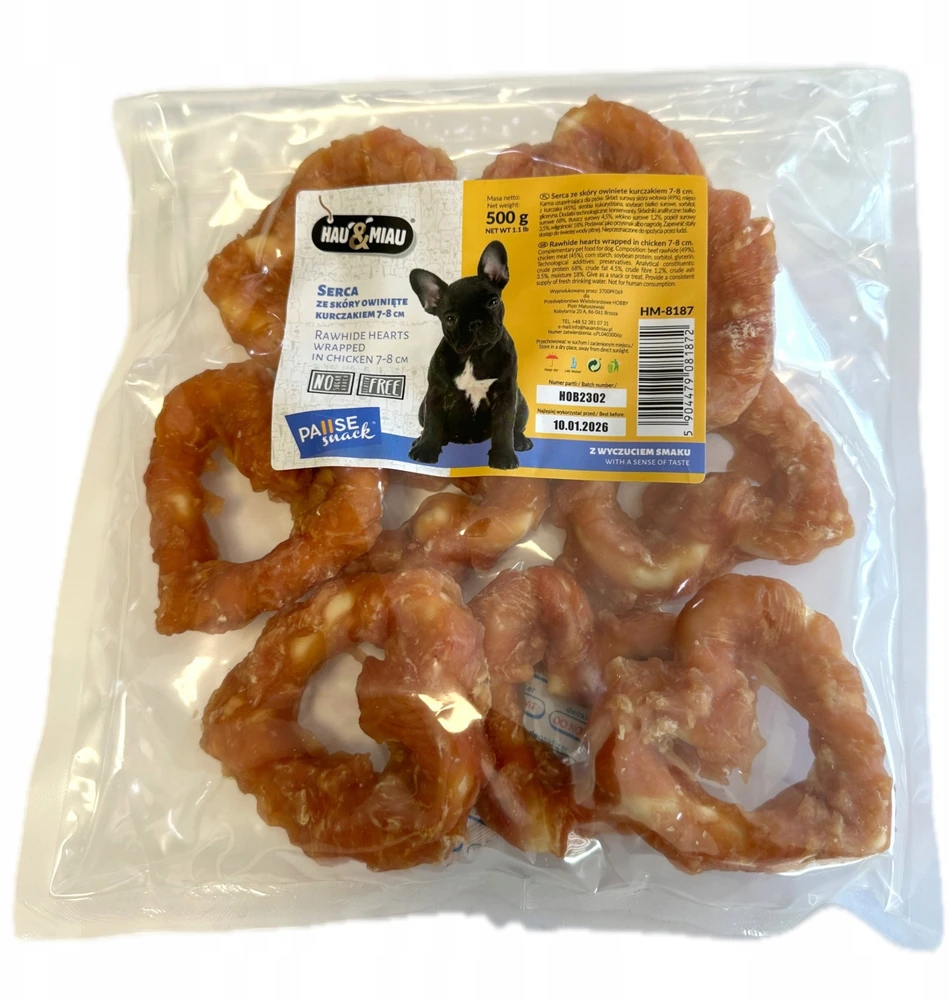 Hau&Miau Pausesnack šunų skanėstas, vištienos įvynioklėse į odelę įvyniotos širdelės, 7-8 cm, 500g
