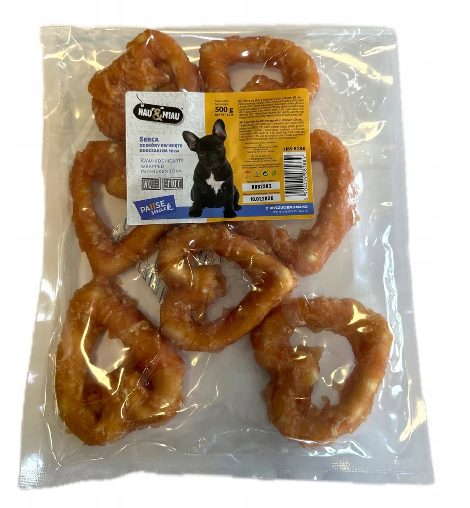 Hau&Miau Pausesnack šunų skanėstas, odinės širdelės, įvyniotos į vištieną, 10 cm, 500g
