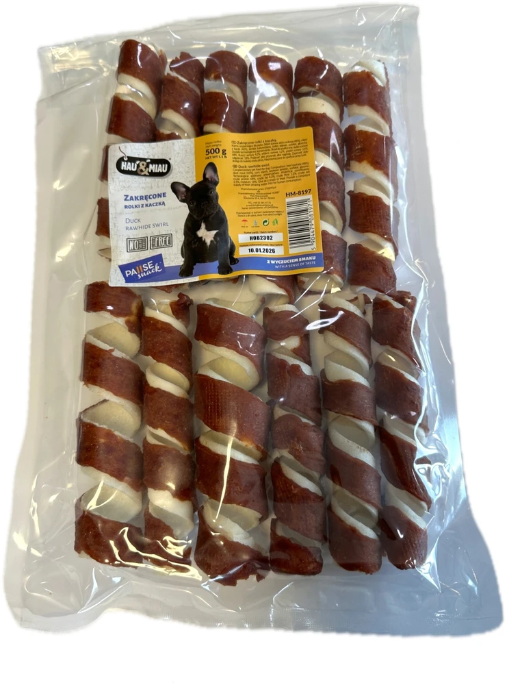 Hau&Miau Pausesnack šunų skanėstas, susukti ritinėliai su antiena, 500g