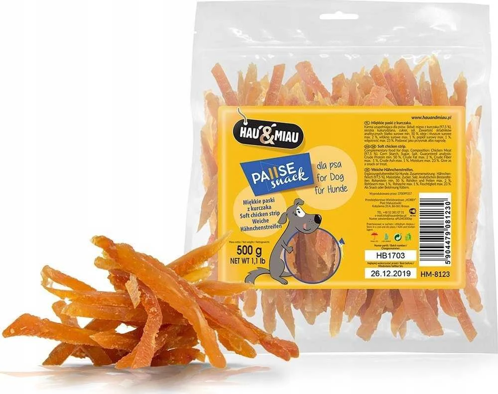 Hau&Miau Pauzės užkandžiai šunims, minkštos vištienos juostelės 1kg