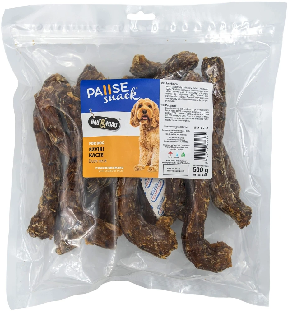 Hau&Miau Užkandis, skanėstas šunims, antienos kakliukai, 500g (HM-8238)