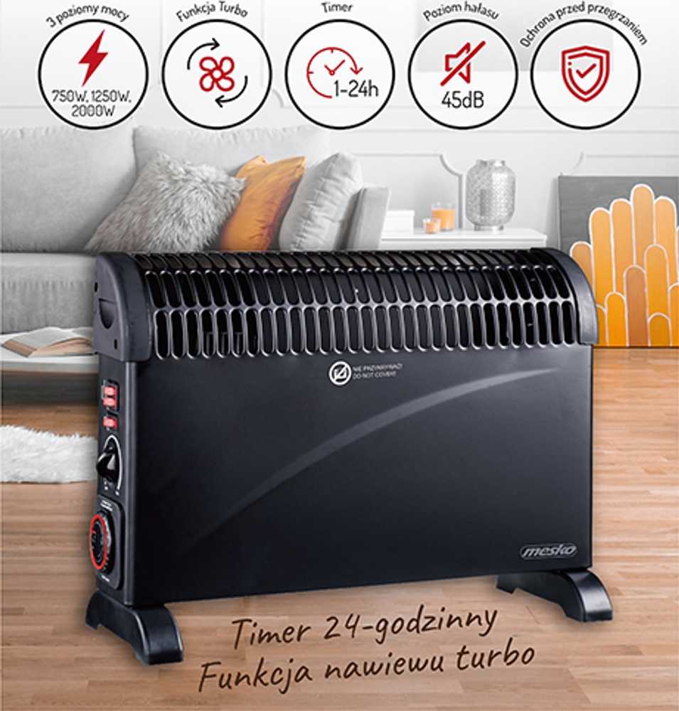 Mesko | Konvektorius šildytuvas su laikmačiu ir turbo ventiliatoriumi | MS 7741b | Konvekcinis šildytuvas | 2000 W | Galios lygių skaičius 3 | Juodas
