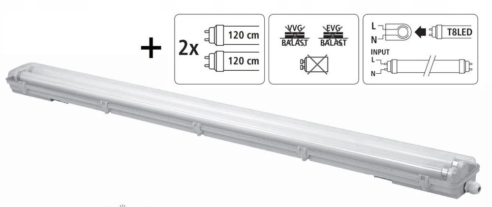 Heda LED šviestuvas hermetiškas su atšvaitu ir LED vamzdeliais 2xT8 18W 120cm IP65 HDL236KOM