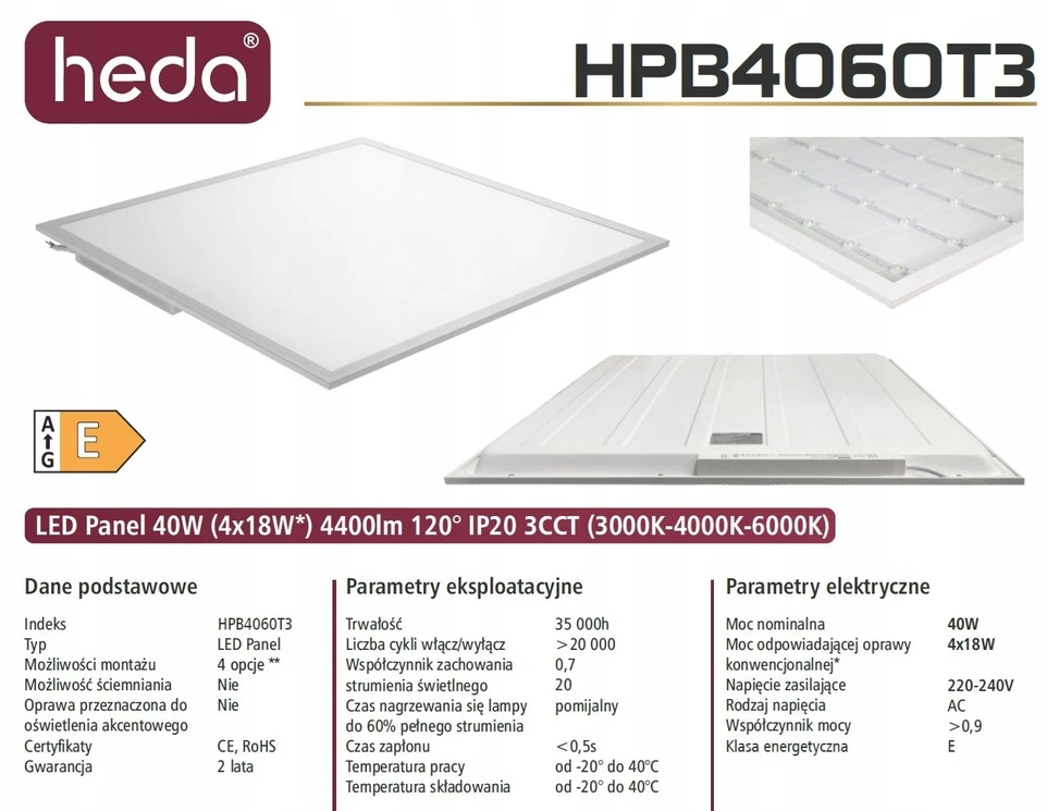 Heda Šviestuvas PANEL LED BACKLITE 40W 3000K/4000K/6000K CCT 4400LM UGR IP20 HPB4060UGRT3