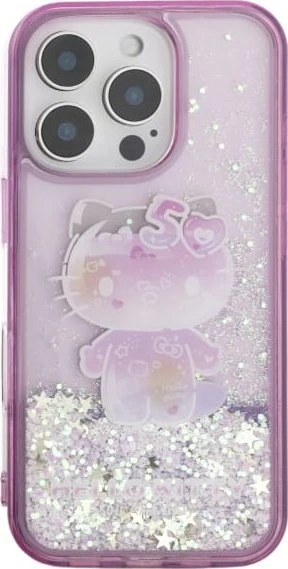 Hello Kitty HKHCP16SL50PPU Apple iPhone 16 6.1″ violetinės spalvos kietas dėklas Liquid Glitter 50TH Annivers