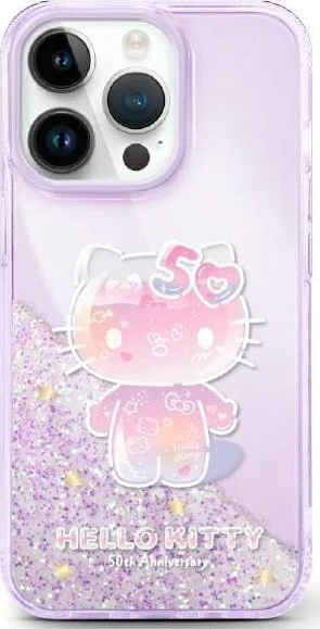 Hello Kitty HKHCP16SL50PPU Apple iPhone 16 6.1″ violetinės spalvos kietas dėklas Liquid Glitter 50TH Annivers