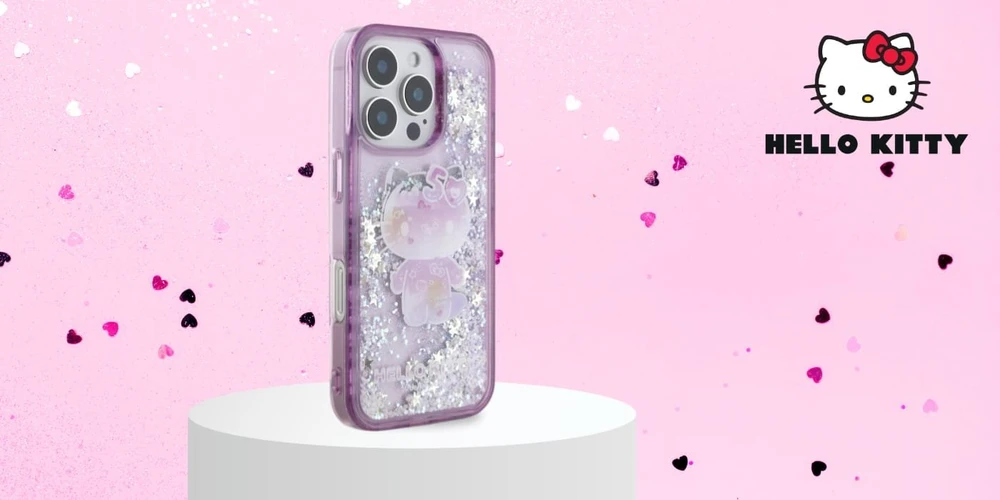 Hello Kitty HKHCP16SL50PPU Apple iPhone 16 6.1″ violetinės spalvos kietas dėklas Liquid Glitter 50TH Annivers