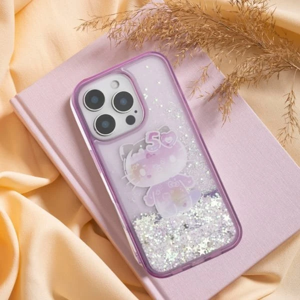 Hello Kitty HKHCP16XL50PPU Apple iPhone 16 Pro Max 6.9″ violetinės spalvos kietas dėklas Liquid Glitter 50TH Anni