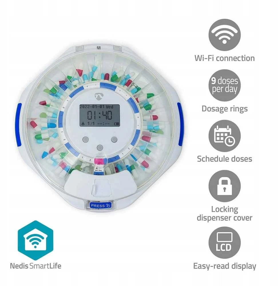 NEI tablečių dozatorius „Nedis SmartLife“ su 28 skyreliais, 9 priminimais Baltose spalvose