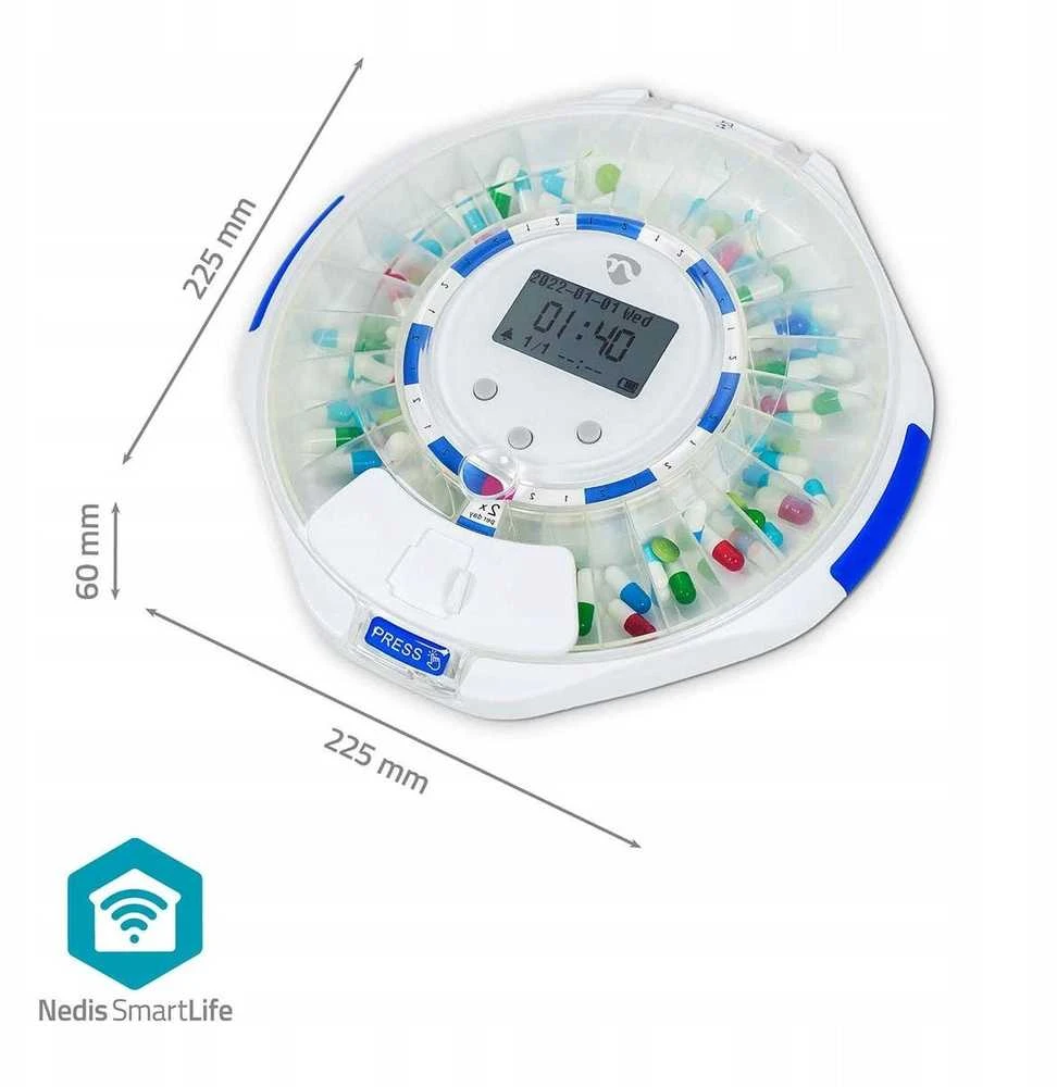 NEI tablečių dozatorius „Nedis SmartLife“ su 28 skyreliais, 9 priminimais Baltose spalvose