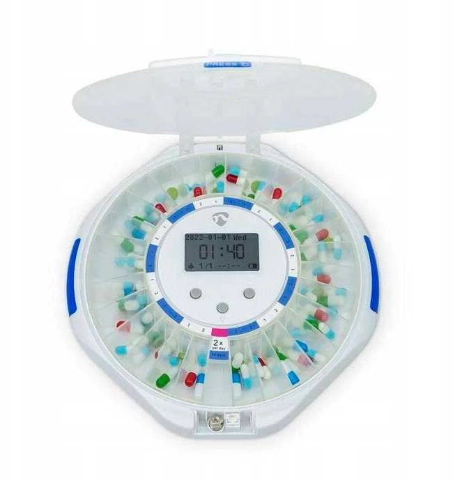 NEI tablečių dozatorius „Nedis SmartLife“ su 28 skyreliais, 9 priminimais Baltose spalvose