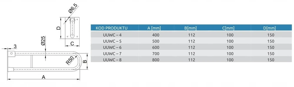 Herdegen UUWC-5 / CORRADOMED / Pakreipiama tualeto rankena, balta, 500 MM / SKERSMUO FI25