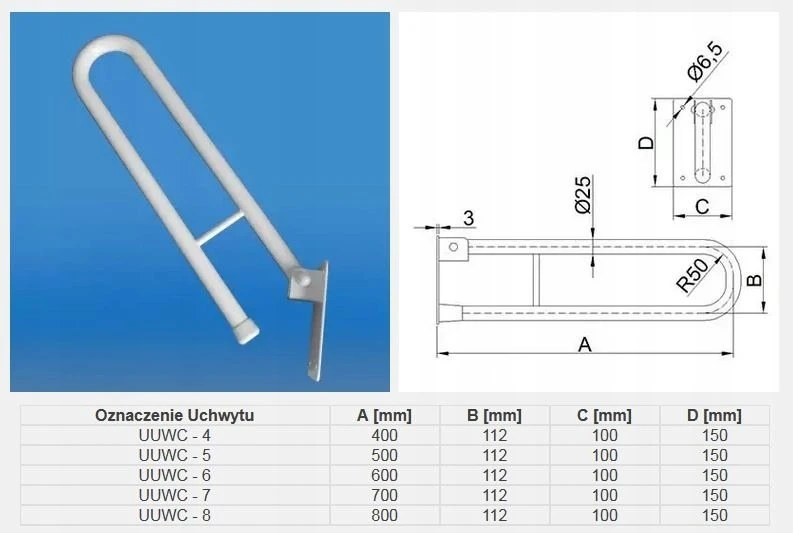 Herdegen UUWC-5 / CORRADOMED / Pakreipiama tualeto rankena, balta, 500 MM / SKERSMUO FI25