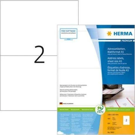 Herma Adresų etiketės PREMIUM A5, 148 x 105 mm, balta, nuolatinis sukibimas - 8691