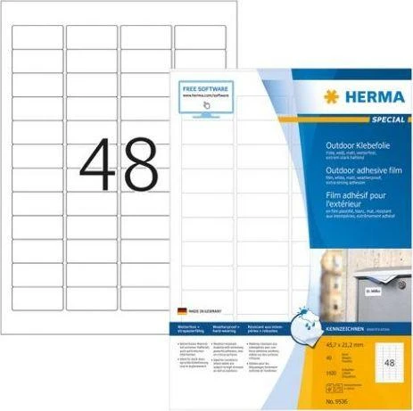 „Herma A4“ oro sąlygoms atsparios plėvelės etiketės, 45,7 x 21,2 mm Balta itin stiprus sukibimo tempimas – 9536