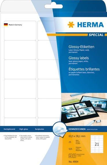 Herma Glossy etiketės 4904, A4, 63,5 x 38,1 mm, balta, blizgus popierius, 525 vnt (4904)