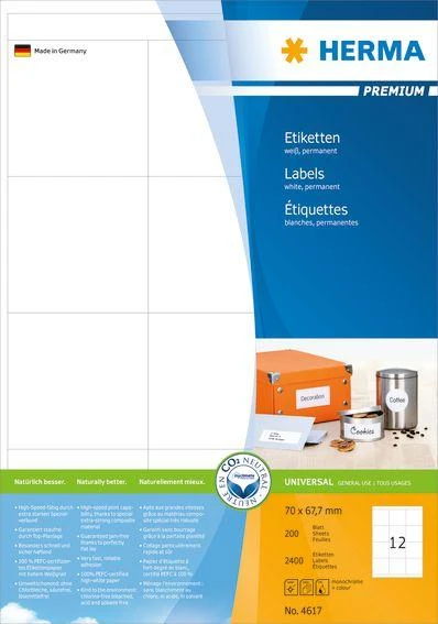 Herma Etykiety Premium 4617, A4, balta, 70 x 67,7 mm, papier matinė, 2400 vnt. (4617)