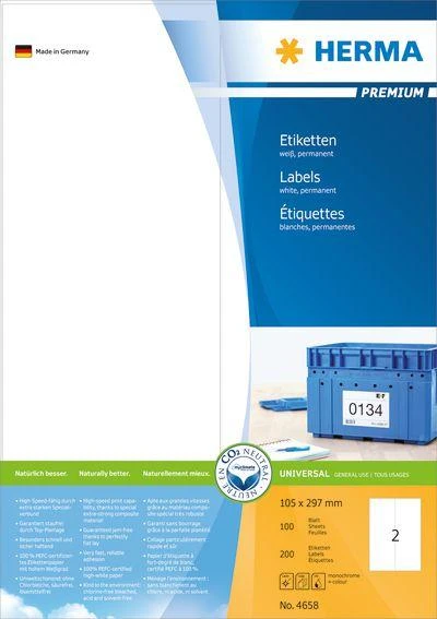 Herma Premium etiketės 4658, A4, baltos, 105 x 297 mm, matinis popierius, 200 vnt. (4658)