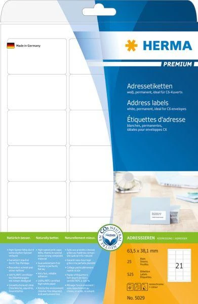 Herma Premium etiketės 5029, A4, adresas, balta, 63.5 x 38,1 mm, matinis popierius, 525 vnt. (5029)