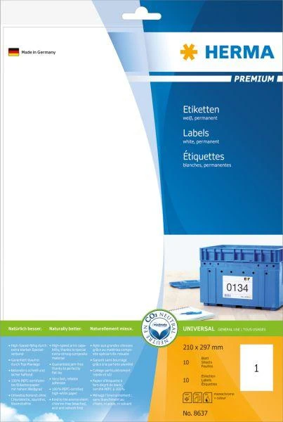 Herma Premium etiketės 8637, A4, baltos, 210 x 297 mm, matinis popierius, 10 vnt. (8637)