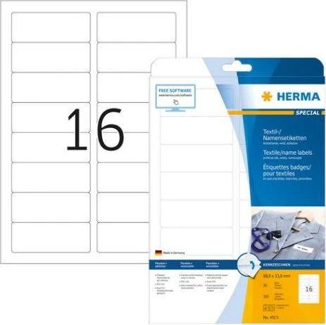Herma Etiketės su pavadinimais, nuimamos, A4, 88,9 x 33,8 mm, balta, pagaminta iš acetatinio šilko, spausdinama - 4515