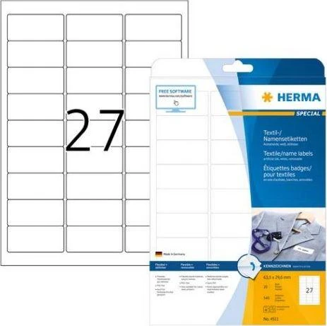Herma Etiketės su pavadinimais, nuimamos, A4, 63,5 x 29,6 mm, balta, iš acetatinio šilko, spaudai - 4511