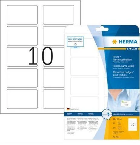Herma Etiketės su pavadinimais, nuimamos, A4, 80 x 50 mm, balta, atskiriamos, pagamintos iš acetatinio šilko, spaudai - 4514
