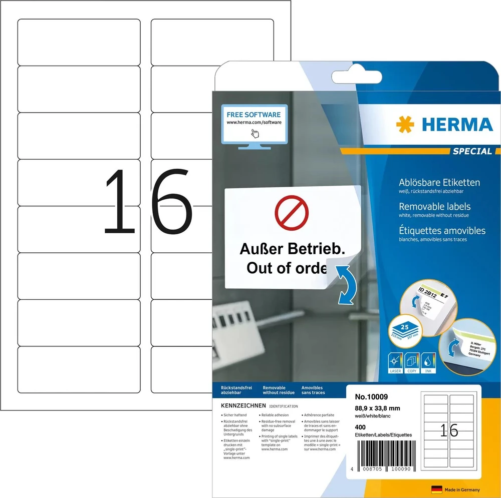 Herma etiketės A4 balta 88,9x33,8 mm nuimamas popierius 400 vnt.