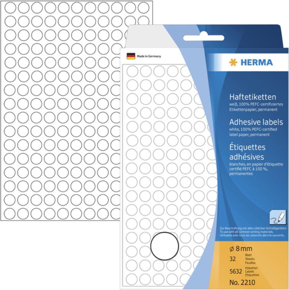 Herma etykiety, apvalus, papier balta, 8mm, 5632 vnt (2210)