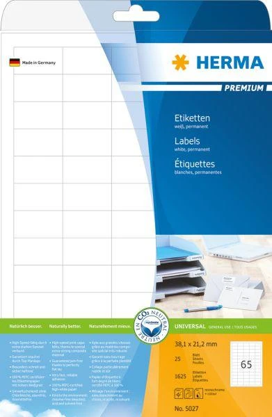 Herma Etykiety Premium 5027, A4, balta, 38,1 x 21,2 mm, papier matinė, 1625 vnt. (5027)