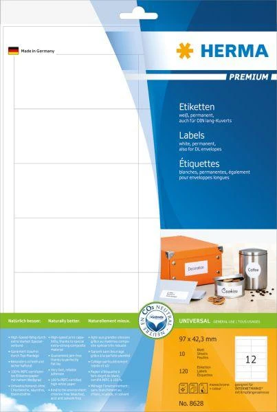 Herma Etykiety Premium 8628, A4, balta, 97 x 42,3 mm, papier matinė, 120 vnt. (8628)