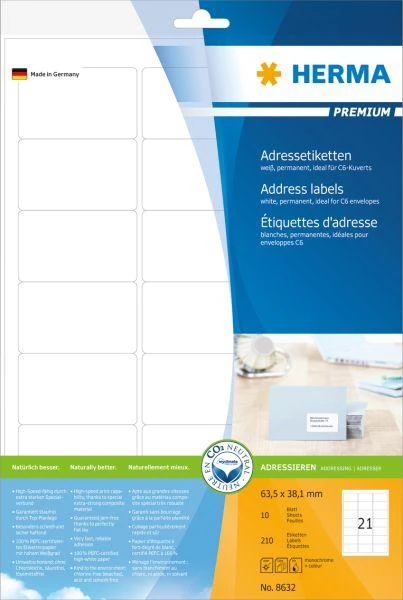 Herma Premium Labels 8632, A4, Adresas, balta, 63,5 x 38,1 mm, matinė popierius, 210 vnt (8632)