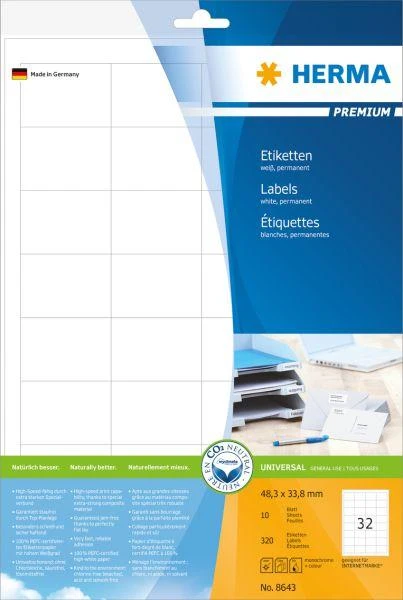 Herma Etykiety Premium 8643, A4, balta, 48,3 x 33,8 mm, papier matinė, 320 vnt. (8643)