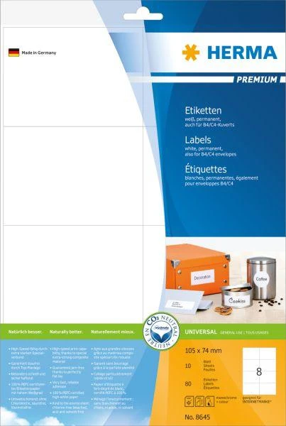 Herma Etykiety Premium 8645, A4, balta, 105 x 74 mm, papier matinė, 80 vnt. (8645)