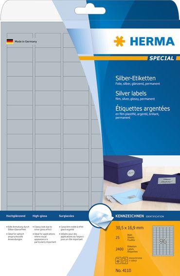 Herma Foil etiketės 4110, A4, 30,5 x 16,9 mm, blizgi sidabrinė folija, 2400 vnt (4110)