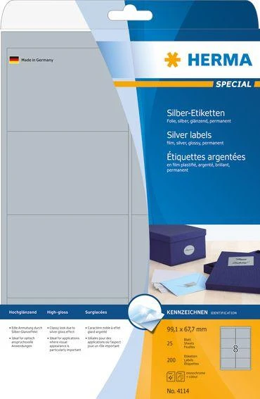 Herma Foil etiketės 4114, A4, 99,1 x 67,7 mm, blizgi sidabrinė folija, 200 vnt (4114)