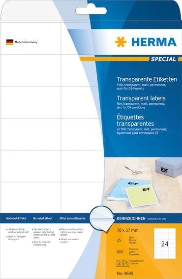 HERMA 4685 lipni etiketė Permatomas Stačiakampis Ilgalaikis 600 vnt