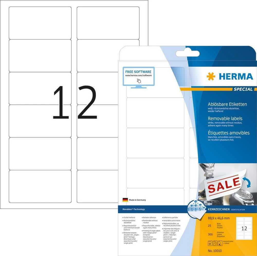 Herma etiketės A4 balta 88,9x46,6 mm nuimamas popierius 300 vnt.