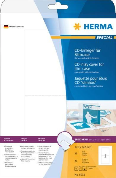 Herma Cardboard įdėklai 5033, A4, CD ir DVD dėklams, balta, be klijų, 121 x 242 mm, plonas dėklas, 25 vnt (5033)
