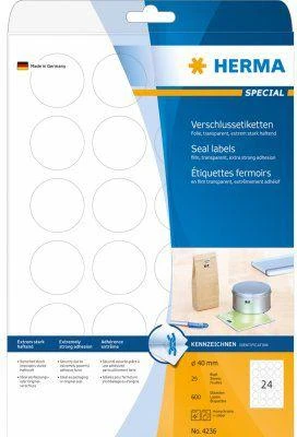 HERMA 4236 lipni etiketė Permatomas Apskritimas Ilgalaikis 600 vnt