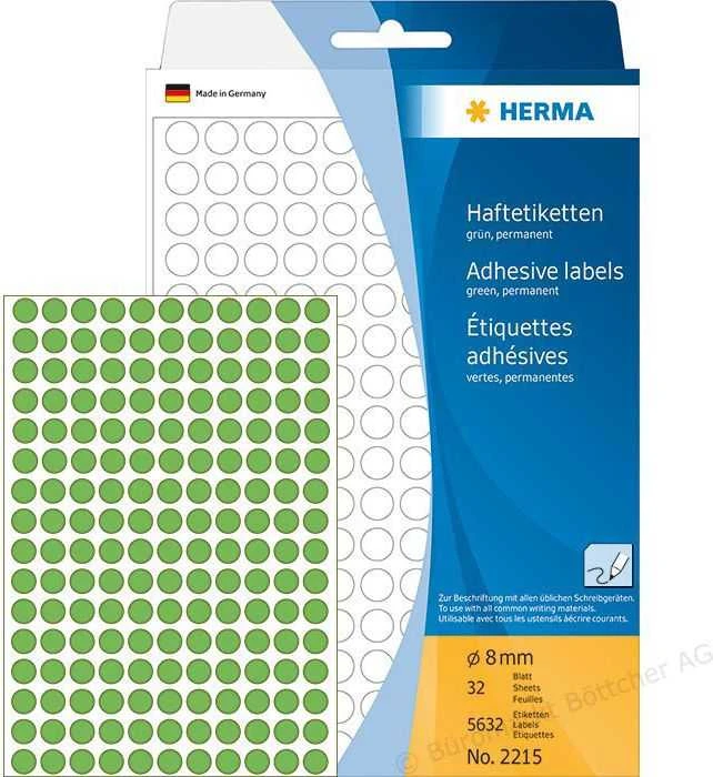 Herma Lipnios etiketės, žalia, 8 mm, apvalus 5632 vnt. - 2215