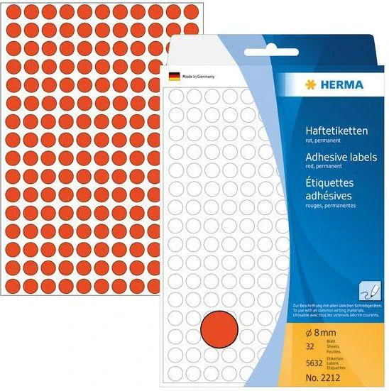 Herma Lipnios etiketės, raudona, apvalus 8 mm 5632 vnt - 2212