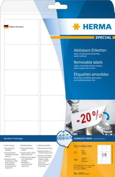 Herma Nuimamos etiketės 4203 Kilnojamieji, A4, 63,5 x 46,6 mm, balta, matinė popierius, 450 nt., užapvalinti kampai (4203)