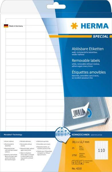 Herma Etykiety odklejalne 4210 Movables, A4, 38,1 x 12,7 mm, balta, papier matinė, 2750 vnt. (4210)