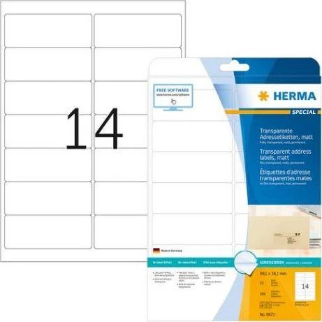 „Herma“ skaidrios folijos adresų etiketės, matinės A4, 99,1 x 38,1 mm, atsparios oro sąlygoms, nuolatiniai klijai – 8671