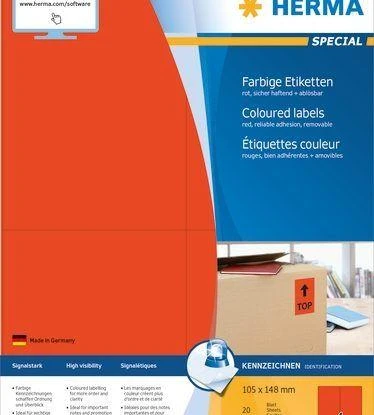 Herma Color etiketės, A4, 105 x 148 mm, raudona, nuimama - 4562